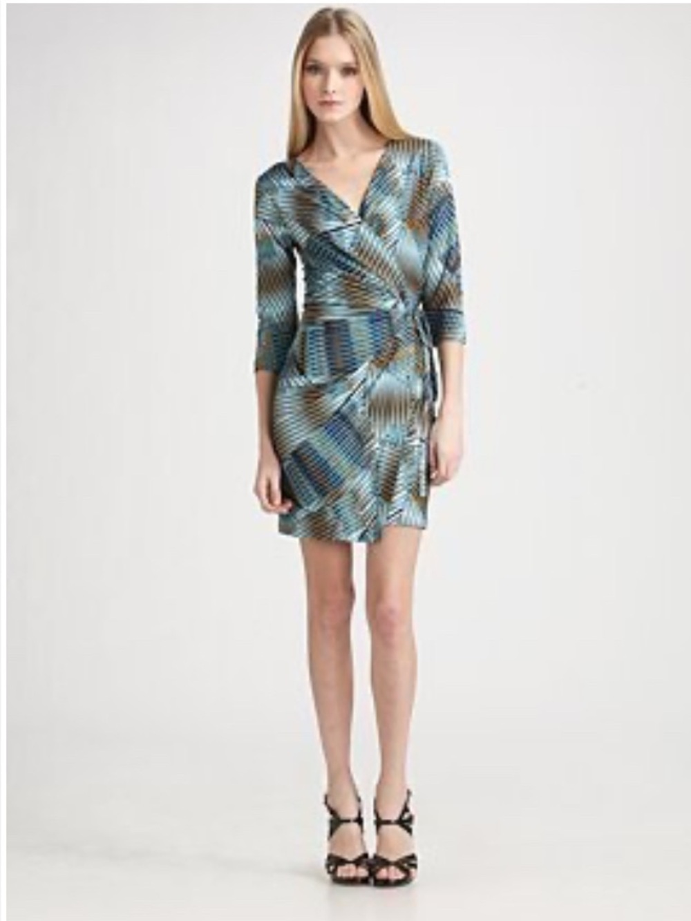 Diane Von Furstenberg Teal and Brown Geometric Wrap Mini Dress